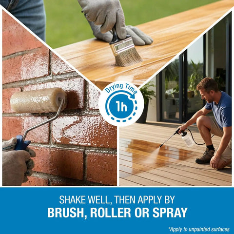 Pro Level Gloss Water Based Acrylic Sealer Protecting Wood Concrete Brick And Masonry With A Slick High Shine Seal For Zero Sweat Application Inside Each 5 Gallon Value Pack Two being applied with brush, roller, and spray.