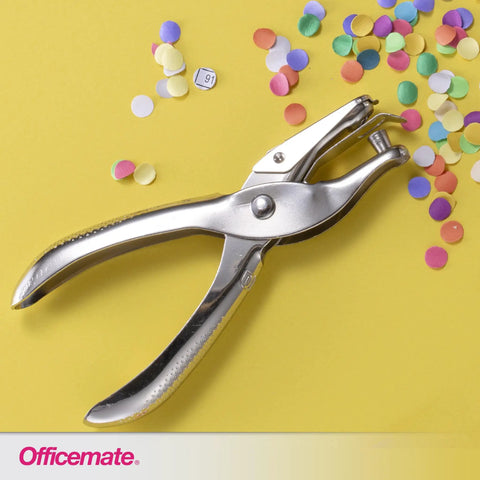 One Hole Punch For Office Use, 5 Sheet Capacity, Nickel Plated Hand Punch In Slick Silver, Compact Desk Accessory On Yellow Background