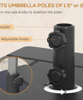 Close-up of adjustable knobs for Three In One Outdoor Umbrella Base, Coffee End Table, And Planter Box With Drain Hole, Black.