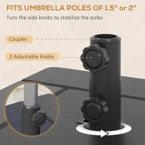 Close-up of adjustable knobs for Three In One Outdoor Umbrella Base, Coffee End Table, And Planter Box With Drain Hole, Black.