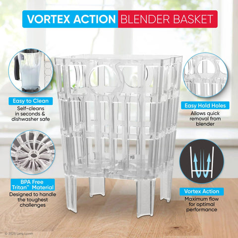 Front view of a clear Tritan blender basket attachment; BPA-free, dishwasher-safe, compatible with Vitamix.