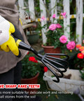 Gardener holding Five Claw Hand Rake and Weeder Cultivator for Small Gardens near flower beds