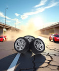 Four Piece 48MM Rubber Toy Car Wheel Set For RC Models on a road with RC toy cars in the background
