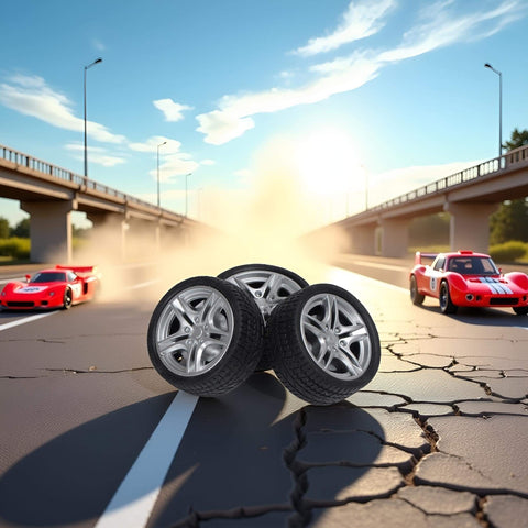 Four Piece 48MM Rubber Toy Car Wheel Set For RC Models on a road with RC toy cars in the background