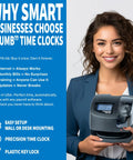 Woman holding an Automatic Date Time Stamp Machine for Office With Atomic Time Sync Secure Local Backup.