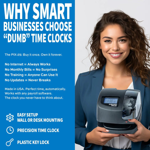 Woman holding an Automatic Date Time Stamp Machine for Office With Atomic Time Sync Secure Local Backup.