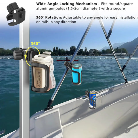Rail Mount Cup Holder For Boats With 360 Degree Rotating Elastic Grip, Tool Free Install attached to boat rail holding cups