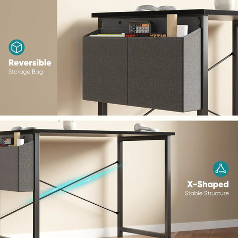 Space Saving Computer Desk For Small Spaces 31 Inch Home Office Table For Gaming And Study With Large Surface And Sturdy Steel Frame Includes Storage Bag For Bedroom Black, featuring reversible storage bag and X-shaped stabilizing structure.