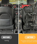 Before and after of Heavy Duty Truck Gun Rack MOLLE Seat Back Organizer Gun Holder Panel For Vehicles showing secure firearm storage.