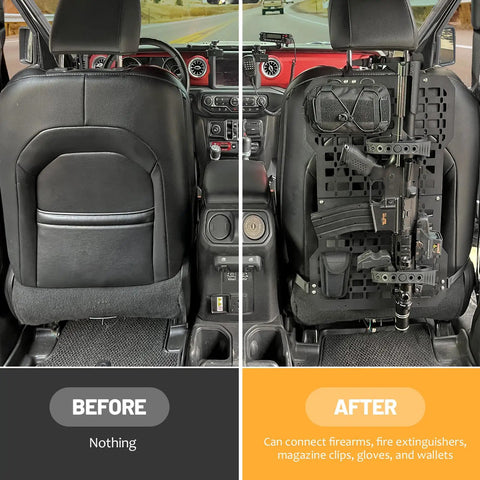 Before and after of Heavy Duty Truck Gun Rack MOLLE Seat Back Organizer Gun Holder Panel For Vehicles showing secure firearm storage.