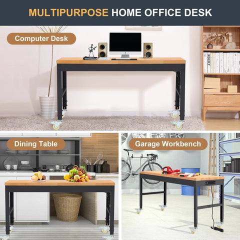 Height Adjustable Workbench With Wheels 60 Inch Solid Wood Top Heavy Duty Rolling Work Table Supports Up To 2000 Lbs For Garage Shop And Office
