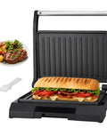 Premium Baker's Friend Mini Panini Press Electric Grill showcasing a crispy sandwich with vegetables, nonstick stainless steel surface.