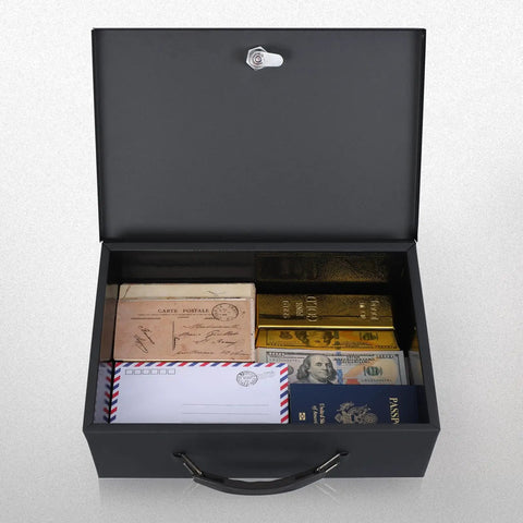 Open fire resistant safe box with key lock for home office security, sturdy steel safe showing passports, letters, and gold bars inside.