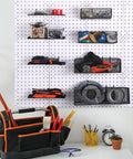 8 Pack Pegboard Baskets And Racks Set Square Style Wire Shelf Baskets for organizing tools on white pegboard