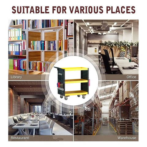 Three Tier Rolling Tool Cart With Pegboard And Screwdriver Holder Built To Last 264 Lb Heavy Duty Tool Cart With 10 Hooks For Home Garage Workshop And Repair Shop Durable Steel With Smooth Electrostatic Finish. Three-tier cart shown in library, office, restaurant, and warehouse.