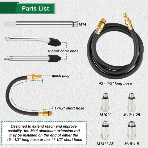 Marvelity cylinder leak-down tester: M14 extension rod, 43-1/3 in hose, rubber cone ends, quick plug, adapters