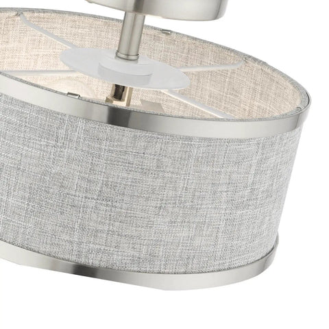 Close-up side view of Two Light Brushed Nickel Semi Flush Ceiling Light with Gray Fabric Hardback Shade 11x11x8 Inches Park Ridge Collection.