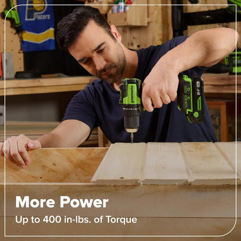 Man using Cordless Brushless Drill And Impact Driver Combo With 400 Inch Pounds And 1950 Inch Pounds Torque 24V Lightweight Workhorse on wood
