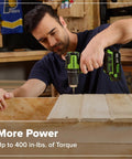 Man using 24V Brushless Cordless Drill Kit With 1/2 Inch Keyless Chuck, 400 In-Lb Torque to drill into wood surface