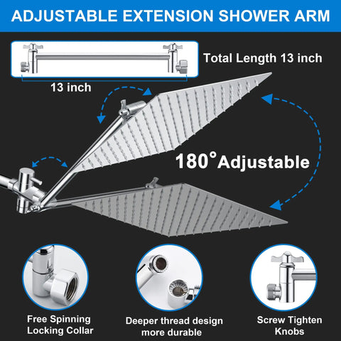 13 inch adjustable extension arm for High Pressure Rain Shower Head With Handheld Spray Combo Pro detailed view.