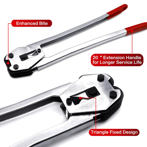 Beefy PET Strapping Sealer And Crimper For One-Half To Three-Quarter Inch Plastic Straps With Twenty Inch Extension Handle Ergonomic All Steel Manual Banding Tool For Fast Polypropylene Strap Sealing, steel jaws and 20-inch handle