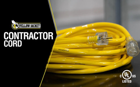 Heavy Duty 50 Foot Outdoor Extension Cord With Lighted End For Safety Waterproof SJTW 10 3 High Visibility Yellow Jacket coiled