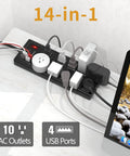 Heavy Duty Power Strip Surge Protector With 10 Wide Outlets And 4 USB Ports 1875W 15A 2800 Joules Protection in use on table