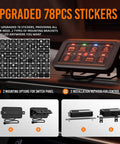 8 Gang Switch Panel With RGB LED Lights showing stickers, touch control, and mounting options on car dashboard.