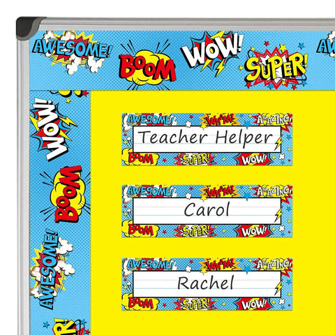 36 Pack Classroom Name Plates For Kids With Large Writing Space, displayed on yellow background with comic border design.