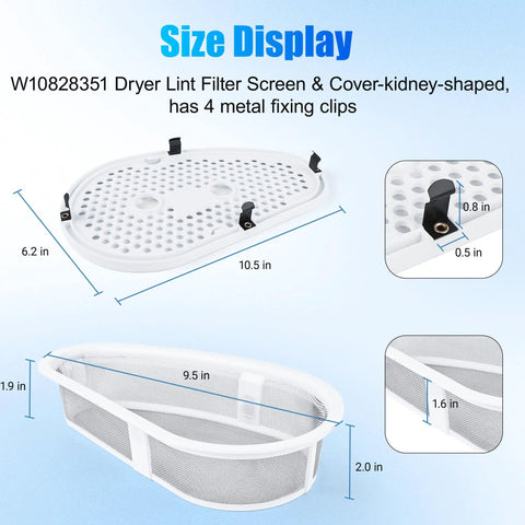 Upgraded No Nonsense Dryer Lint Filter Screen With Cover W10828351 Replacement For Various Front Load Dryers, kidney shape dimensions