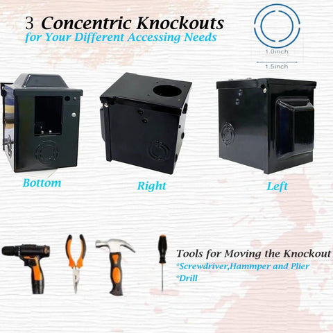 Waterproof Lockable Enclosed Power Panel Box With 50 Amp 125 250V RV 14 50R Outlet, showing concentric knockouts and tools.