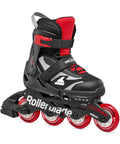 Microblade Kids Adjustable Fitness Inline Skates with four-size system in sleek black and red shell, durable and lightweight for skill-building.