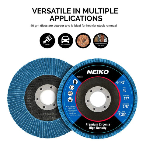 Ten Pack Jumbo Zirconia Flap Discs Four And One Half Inch For Angle Grinder Forty Grit T27 Flat Grinding Wheel Seven Eighths Inch Arbor Wood And Metal Sanding displayed with versatile applications icons.