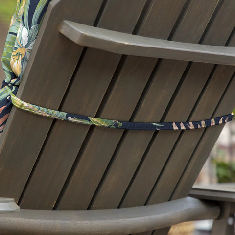 Back view of All Weather Outdoor Adirondack Or Rocking Chair Cushion Kit For Porch Lounging In Simone Blue Tropical Seat 20 By 17 Inch And Back 21.5 By 28.5 Inch Rain Proof Fade Resistant PFAS Free C0 Treatment Eco Friendly With Partially Recycled Polyester Fill Fits on chair.