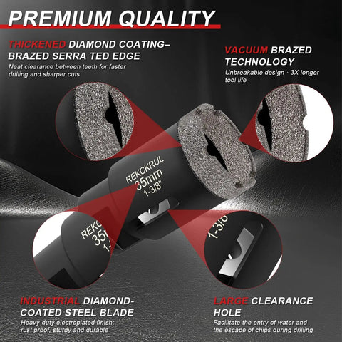 Close-up of One Quarter Inch Dry Diamond Core Drill Bits 2-Pack Pro Grade Vacuum Brazed Hole Saw For Tile with details on diamond coating and brazing.