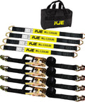 Beefy Heavy Duty Car Trailer Tie Down Straps 4 Pack Kit With Ratchet Straps, J Hooks, Axle Straps and Carrying Bag