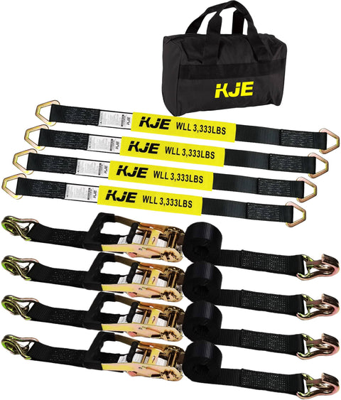 Beefy Heavy Duty Car Trailer Tie Down Straps 4 Pack Kit With Ratchet Straps, J Hooks, Axle Straps and Carrying Bag