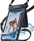 Double Pocket Waterproof Phone Pouch With IPX8 Dry Bag and phone inside, showcasing splash resistance for beach use