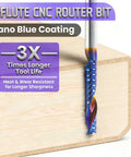 Front view of HQMaster O-flute CNC router bit, 1/8 in shank, tungsten carbide, nano blue coating, upcut