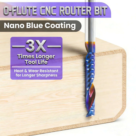 Front view of HQMaster O-flute CNC router bit, 1/8 in shank, tungsten carbide, nano blue coating, upcut