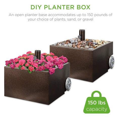 Portable Steel Umbrella Base With Fillable Planter, 150lb Capacity, with flowers and rocks, shown with wheels and drainage holes.