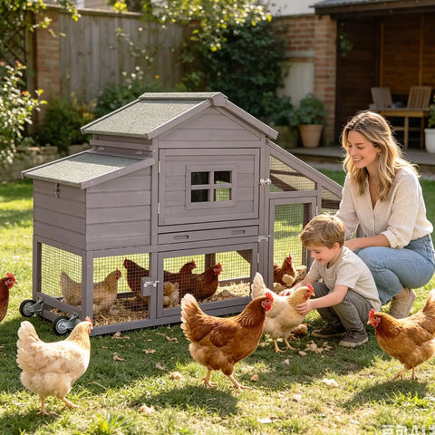 Backyard Chicken Coop On Wheels With Run Kit Large Wooden Hen House With Waterproof Roof next to family and chickens