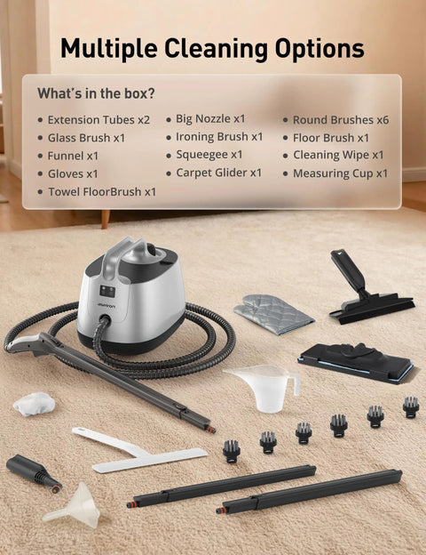 Badass Multipurpose Handheld Steam Cleaner And Electric Mop With 21 Slick Attachments 50 Oz Tank parts and attachments spread on floor.