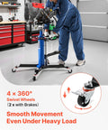 Beefed-Up Hydraulic Transmission Jack, 1660 Lbs Capacity, blue jack with 360-degree swivel wheels shown under heavy load in garage.