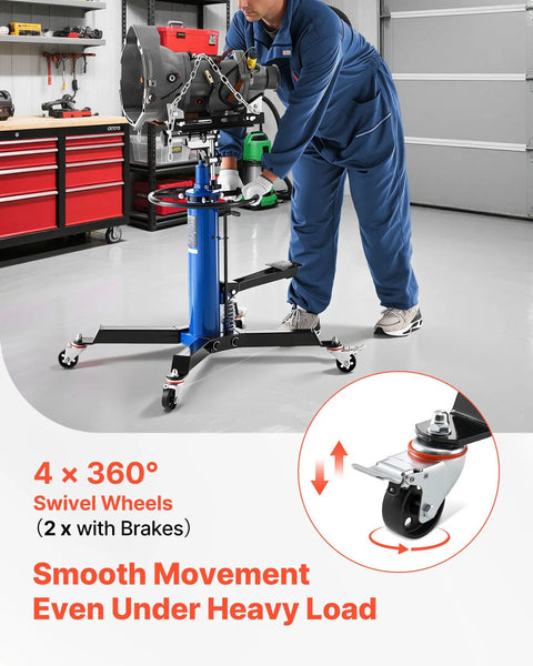 Beefed-Up Hydraulic Transmission Jack, 1660 Lbs Capacity, blue jack with 360-degree swivel wheels shown under heavy load in garage.