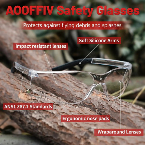 24 Pack Bulk Safety Specs With Clear Lenses ANSI Z87.1 Eye Protection For Construction And Lab, clear wraparound safety glasses on log