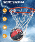 Outdoor Basketball Net Replacement Game Ready Pro Grade Heavy Duty For Standard Hoops All Weather Anti Whip 12 Loop Nylon Net White Tough On Court Quality Universal Fit For Residential Outdoor Courts And Backyards shown on hoop with basketball