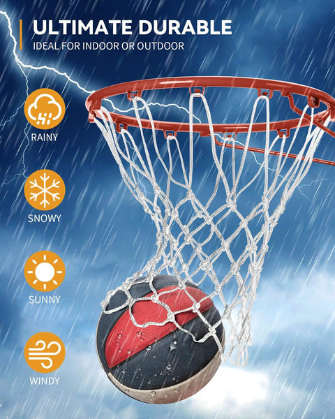 Outdoor Basketball Net Replacement Game Ready Pro Grade Heavy Duty For Standard Hoops All Weather Anti Whip 12 Loop Nylon Net White Tough On Court Quality Universal Fit For Residential Outdoor Courts And Backyards shown on hoop with basketball