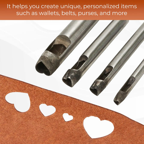 Heart Shape Hollow Punch Set 4 Piece Pro Grade For Leather Craft Tools 4mm 7mm 9mm 19mm hole punches with heart cutouts
