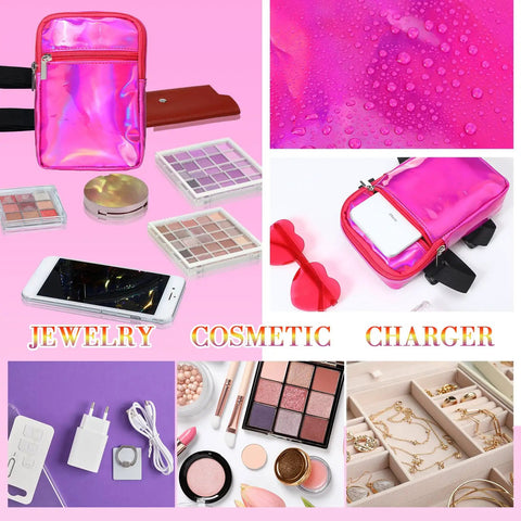 Holographic Thigh Bag With Adjustable Strap Leg Pouch Harness For Women Pink Leg Bag For Travel Hiking Festivals And Summer Adventures With Hands Free Storage And Color Shifting Reflective Shine next to makeup and accessories.